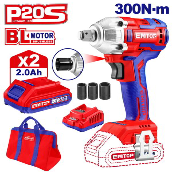 Llave de impacto a batería 1/2" 20V brushless ECDLIW20221 EMTOP + Sierra caladora 85mm 800Watts EJSW8001 EMTOP - Imagen 2