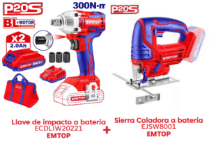 Llave de impacto a batería 1/2" 20V brushless ECDLIW20221 EMTOP + Sierra caladora 85mm 800Watts EJSW8001 EMTOP