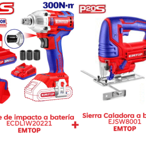 Llave de impacto a batería 1/2" 20V brushless ECDLIW20221 EMTOP + Sierra caladora 85mm 800Watts EJSW8001 EMTOP