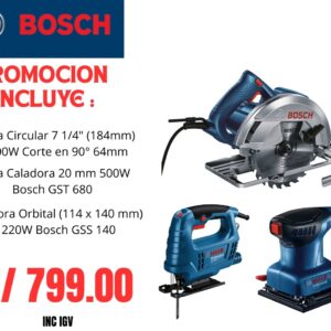 Sierra circular portátil 7 1/4" 1500W 0601.6B3.0E0-000 + Sierra Caladora 20 mm 500W 0601.5B4.0E0-000 + Lijadora Orbital (114 x 140 mm) 220W 0601.2A8.0E0-000 (BOSCH)