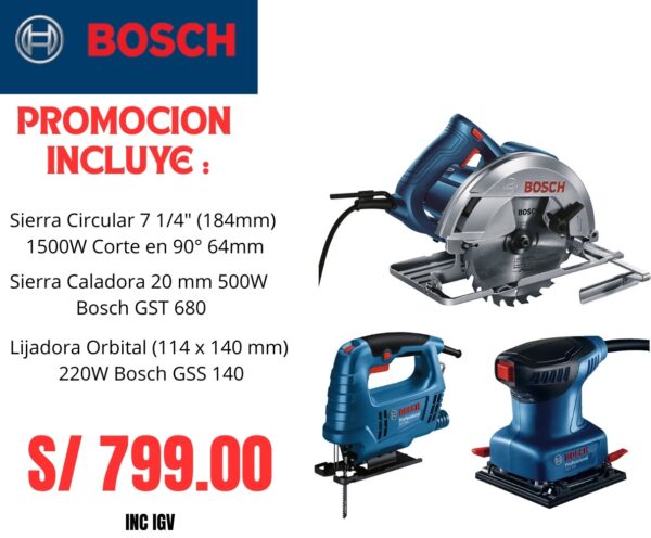 Sierra circular portátil 7 1/4" 1500W 0601.6B3.0E0-000 + Sierra Caladora 20 mm 500W 0601.5B4.0E0-000 + Lijadora Orbital (114 x 140 mm) 220W 0601.2A8.0E0-000 (BOSCH)