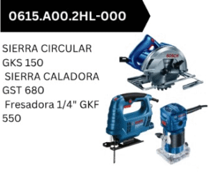 Combo BOSCH Sierra circular portátil GKS 150 + Sierra Caladora GST 680 + Fresadora GKF 550 - 0615.A00.2HL-000