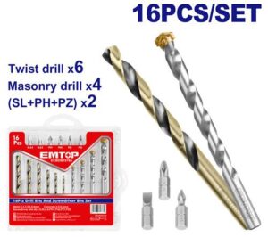Juego De Brocas Y Destornillador De 16 Pcs Emtop ECBDB19165