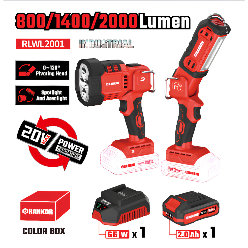 Lámpara de trabajo LED inalámbrica 20V 2000LM batería 2Ah RANKOR RLWL2001