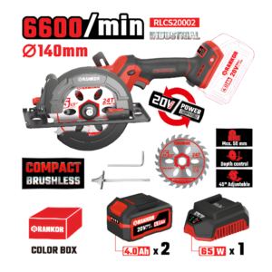 Sierra Circular Inalámbrica 20V Brushless 5-1/2" 6600RPM 2 Baterías 4Ah Rankor RLCS20002