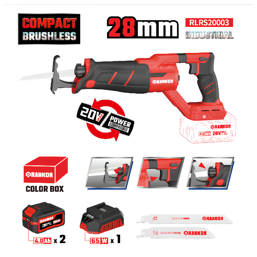 Sierra sable inalámbrica 20V Brushless 2800CPM 28mm batería 4Ah RANKOR RLRS20003