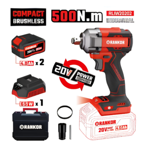Llave de Impacto Inalámbrica 20V Brushless 500Nm 2400RPM 1/2" 2 Baterías 4Ah Rankor RLIW20202