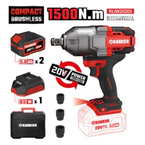 Llave de Impacto Inalámbrica 20V Brushless 1500Nm 2000RPM 3/4" 2 Baterías 5Ah RANKOR RLIW20203