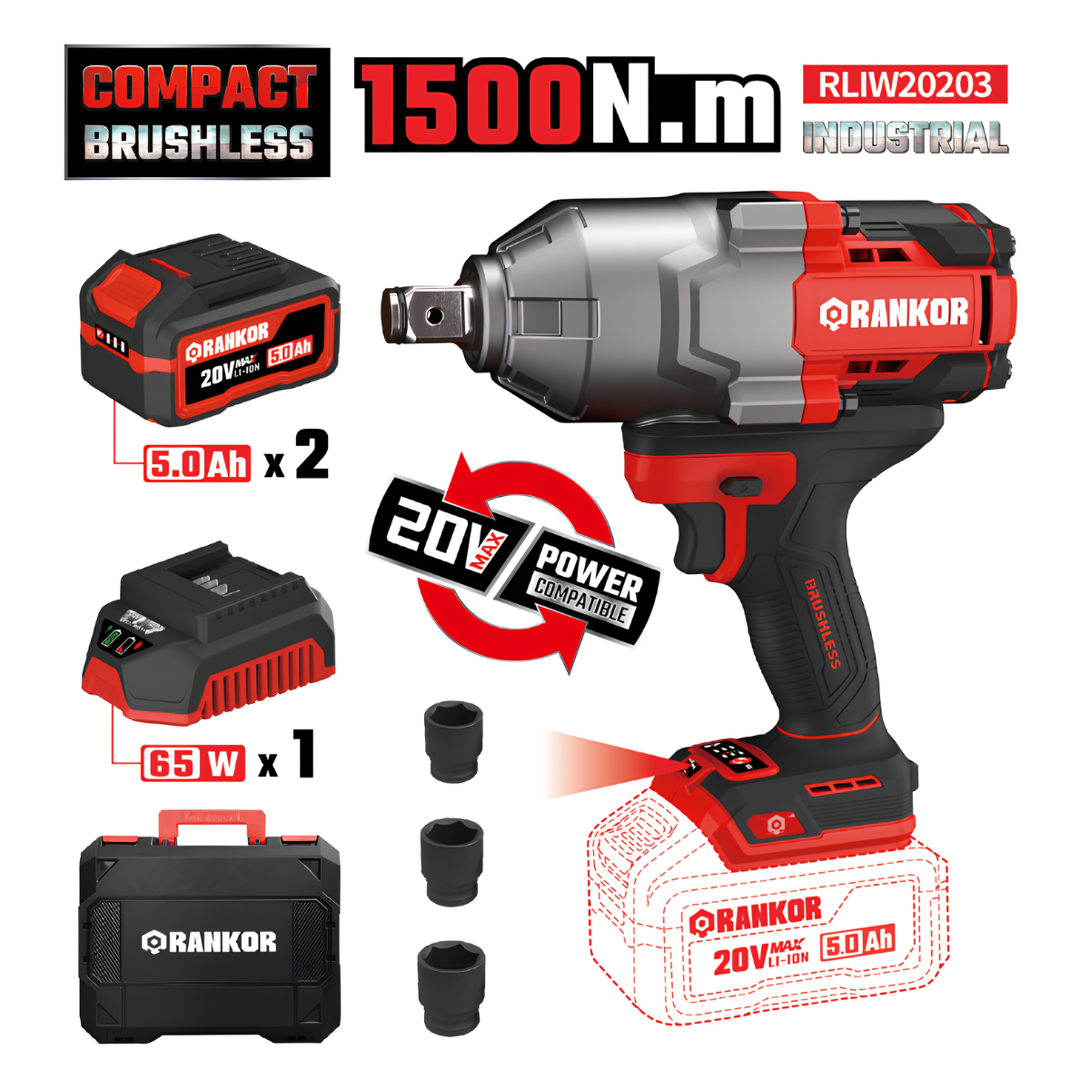Llave de Impacto Inalámbrica 20V Brushless 1500Nm 2000RPM 3/4" 2 Baterías 5Ah Rankor RLIW20203