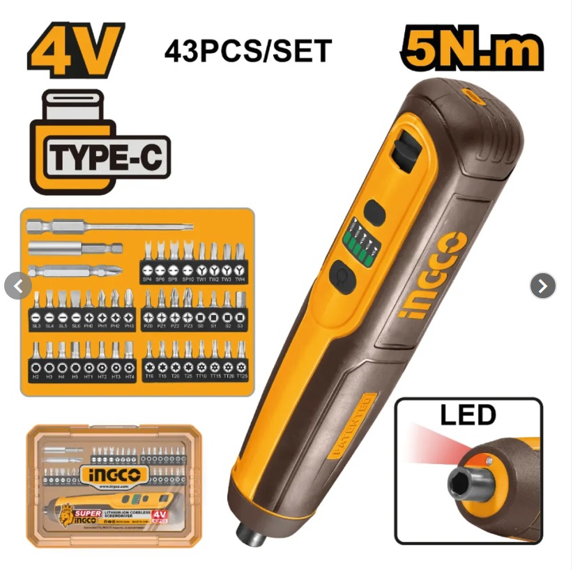 Destornillador Inalámbrico 4V 5Nm 240RPM con 43 Accesorios INGCO CSDLI04062
